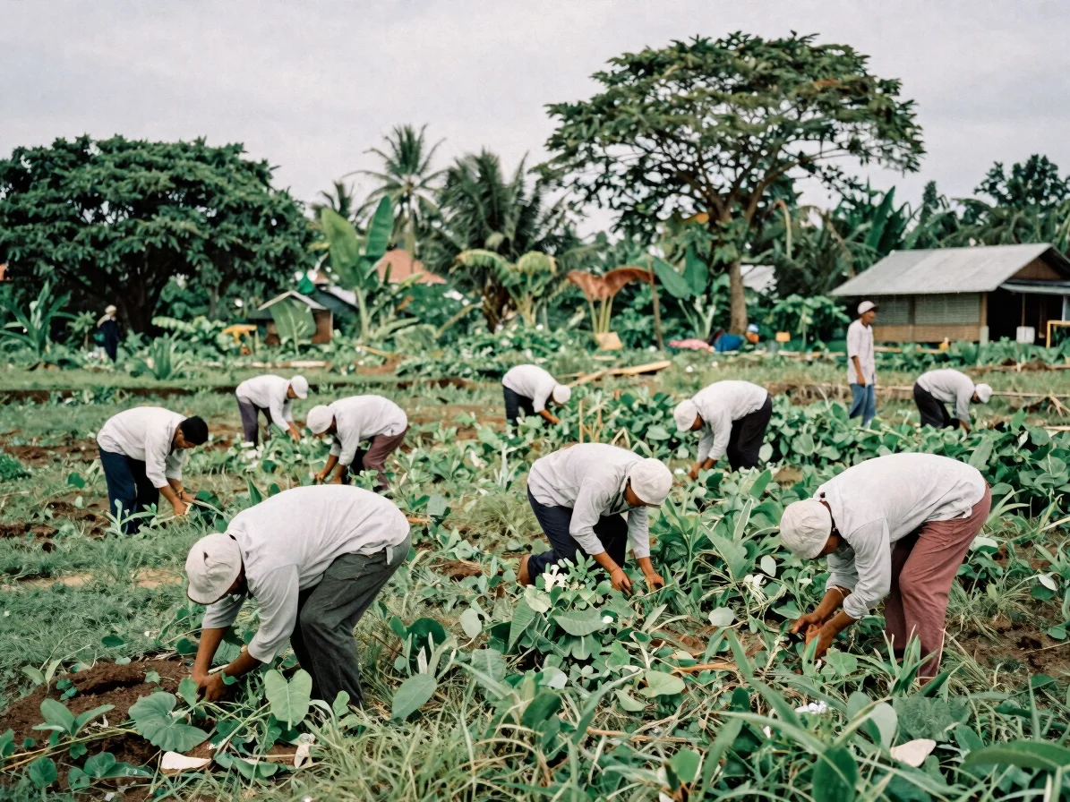 Wide environmental shot kolaborator bekerja menanam bibit di perm