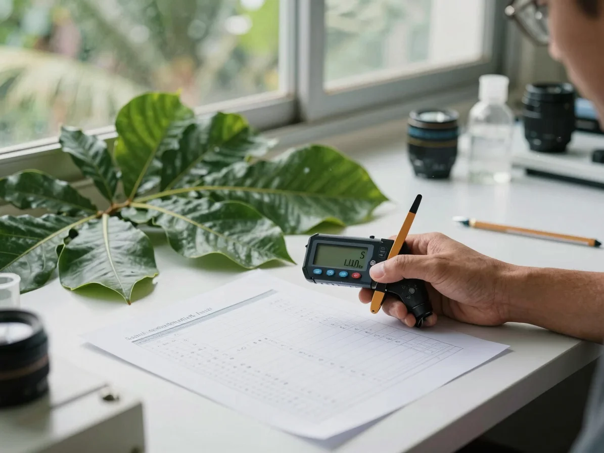 Detail alat ukur dan lembar data di ruang kerja lab, cahaya alami