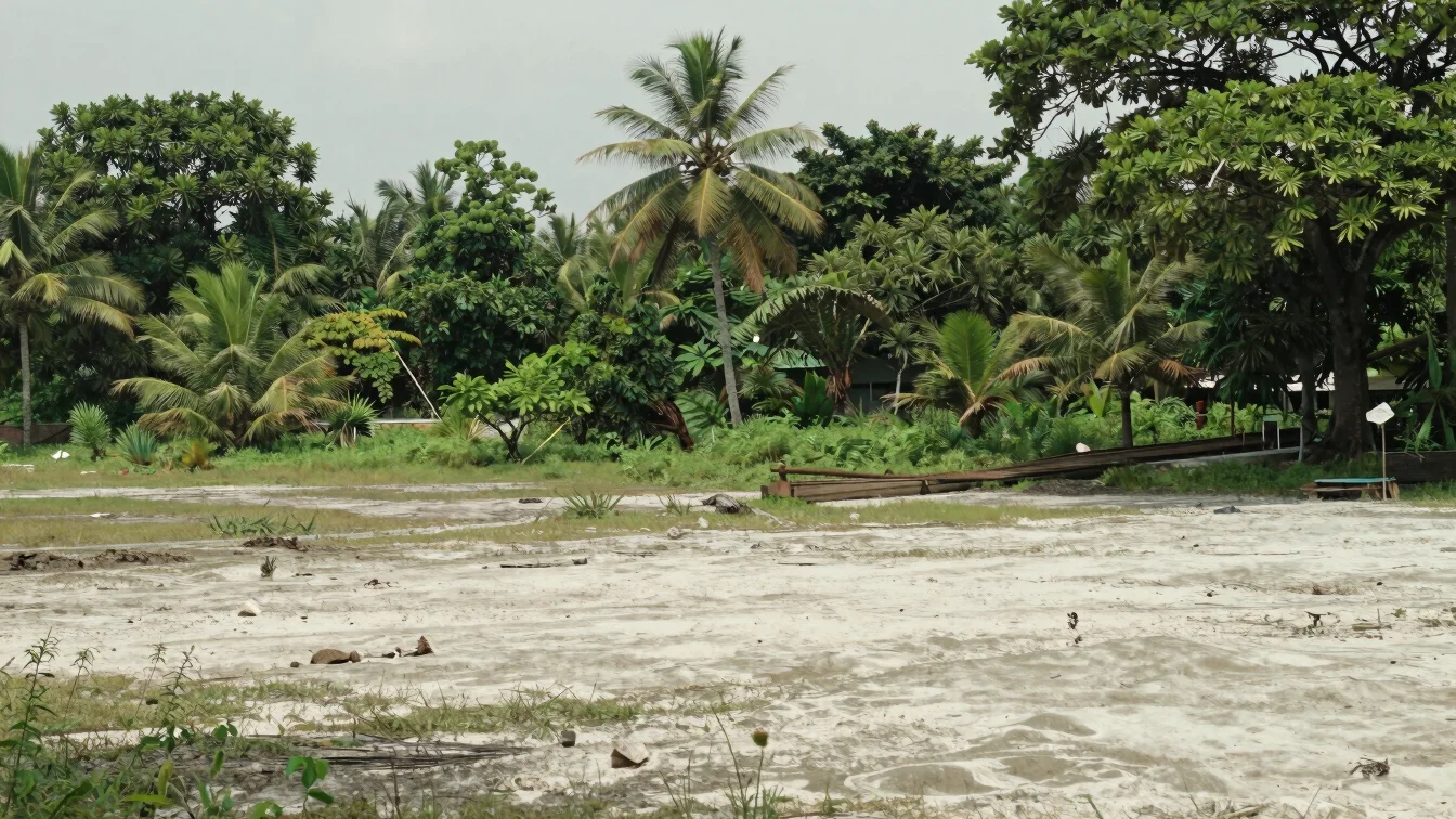Wide environmental shot lokasi proyek restorasi lahan di Indonesi