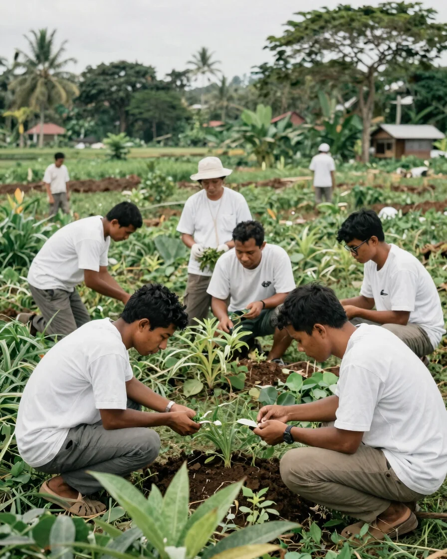 Documentary editorial photograph of a small field research team c